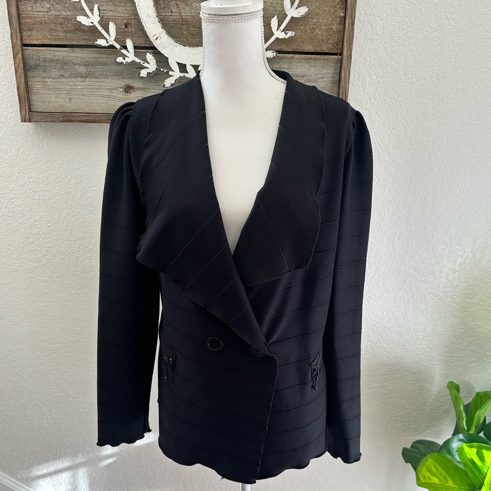 Joseph‎ Ribkoff black stretch knit ruffle blazer jacket ladies size US 12